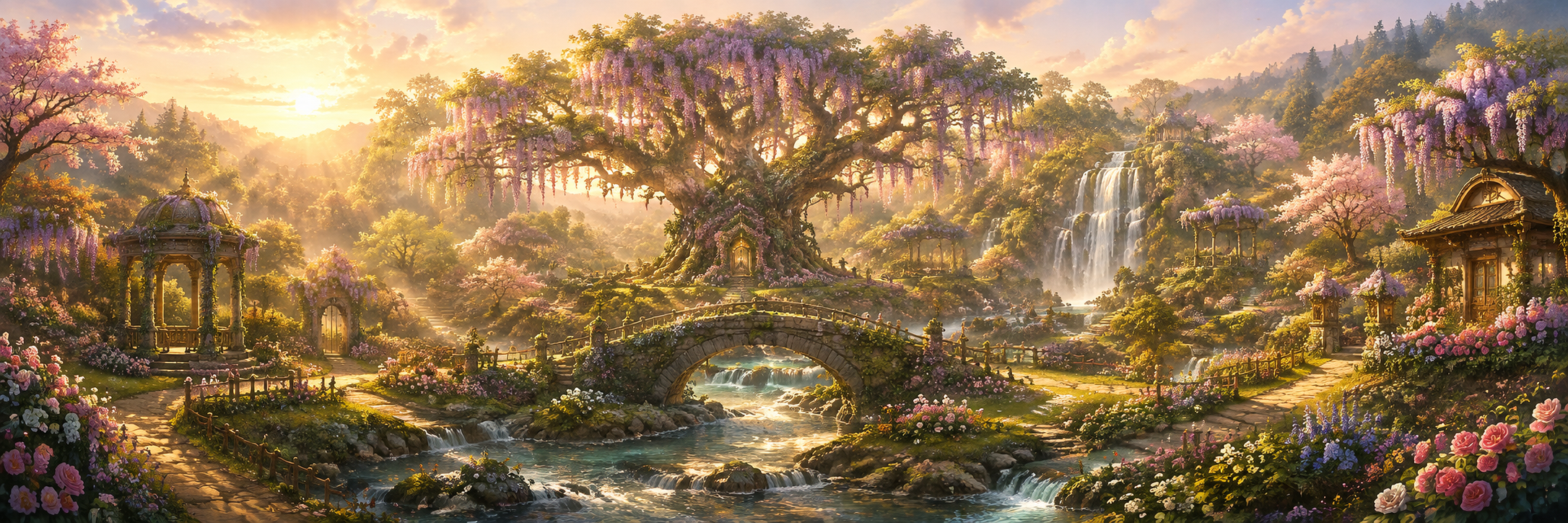 An enchanted garden with a great wisteria tree, bridge, stream, and waterfall